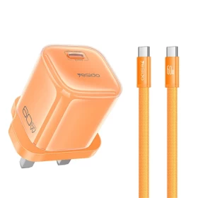 YESIDO YC161 60W Dynamic Charger USB-C PD Fast Charging Adapter with Type-C to Type-C Cable, UK Plug - Orange