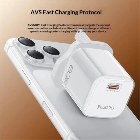 YESIDO YC161 60W Dynamic Charger USB-C PD Fast Charging Adapter with Type-C to Type-C Cable , UK Plug - White